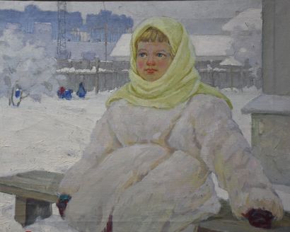 null Jeune fille assise au manteau d'hiver dans un paysage de neige. Ecole ukrainienne...