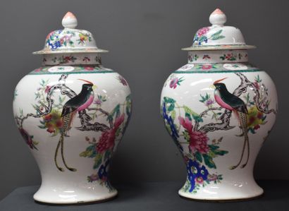 null Paire de potiches en porcelaine de Chine à décor d'oiseaux et de grenades. (...