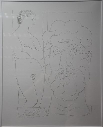 null D'après Picasso. Lithographie non signée. Le nu au portrait d'homme. 51 x 63...