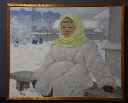 null Young girl sitting in a winter coat in a snowy landscape. Ukrainian school mid...