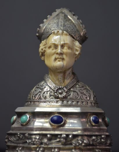 null Bust of bishop in silver and ivory carved with stone cabochons.

German work...