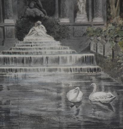 null Paysage architectural à la fontaine de style Louis XIV animée de cygnes. Gouache...