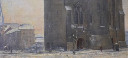 null "Hal's Gate in the Snow". Oil on canvas signed Ch de Ligne. 55 x 67 cm.