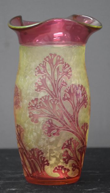 null Vase en cristal Val Saint Lambert à décor floral à l’acide, modèle urane. Ht...
