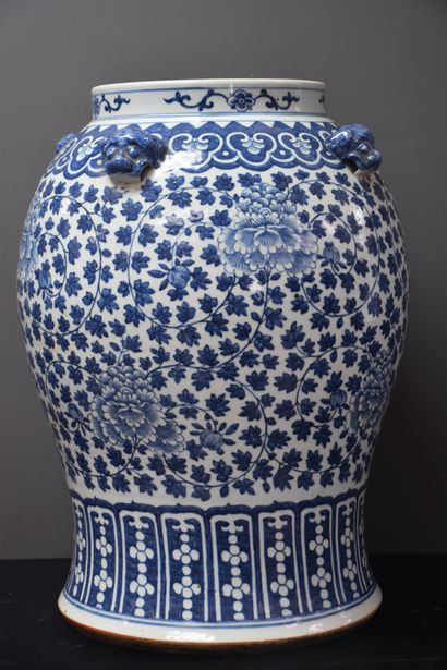 null Importante potiche en porcelaine de Chine à décor blanc-bleu de végétaux et...