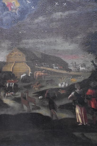 null L'embarquement dans l'arche de Noé. Importante huile sur toile milieu XVII ème,...