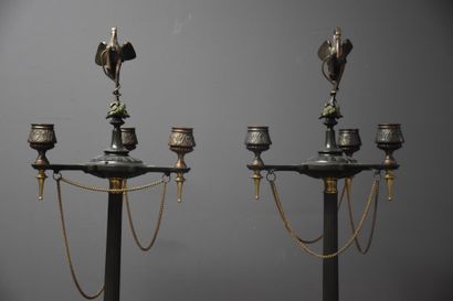 null Paire de candélabres en bronze de style néoclassique surmontés d'un échassier...