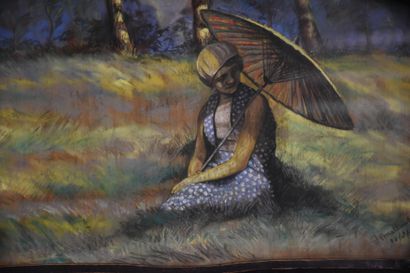null Dame à l'ombrelle assise dans la prairie. Pastel signé J Matteus, daté 1933....