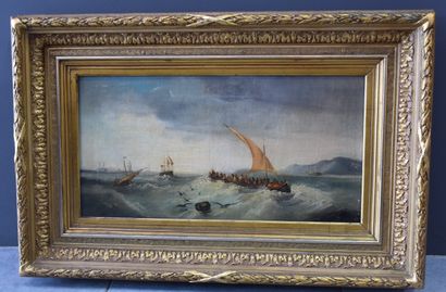 R. Paoli. (XIXème) R. Paoli. (XIXème). Marine animée de barques et de voiliers. Huile...