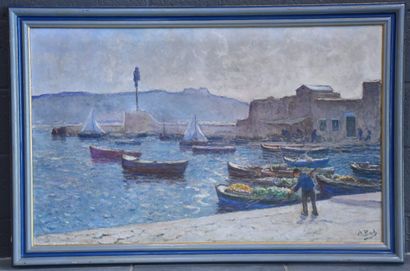 Anna BOCH (1848-1936) 安娜-博奇（1848-1936）。地中海港口，布面油画，右下角有签名。这幅画已经被泰雷兹-托马斯夫人看过并鉴定过了。一件非常类似但较小的作品出现在第288页，图574，由Thérèse...