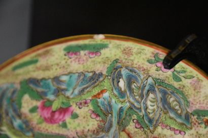  A pair of Canton porcelain plates decorated with birds and peonies. Small chip.
