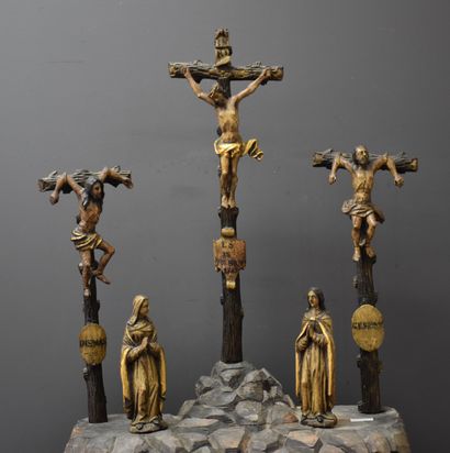 null Carved and polychromed wood Calvary. 17th century period. Later base. Crucifix...