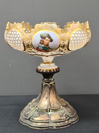 null Bohemian crystal bowl enamelled with gold and decorated in reserves with painted...