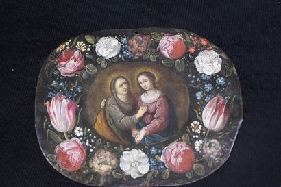 null Oil on copper XVII th, garland of flowers surrounding a religious scene. Size...