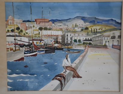 Gustave Camus (1914-1984) Gustave Camus (1914-1984). Aquarelle. Le port méditerranéen....