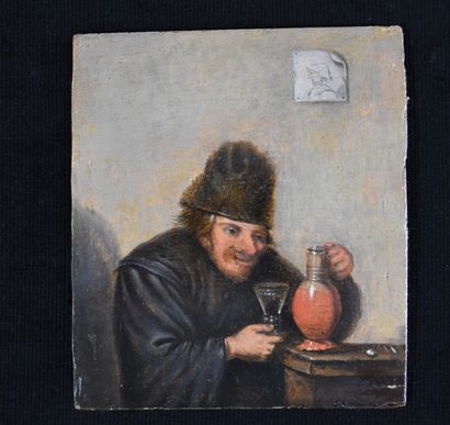 null The drinker. Oil on oak panel. Period XVII th. Signed by Adrian Brouwer (on...