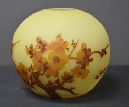 Emile Gallé. (Etablissements) 埃米尔-加莱。(机构)。多层玻璃制成的花瓶球用酸清除了。花卉装饰。高：16厘米。