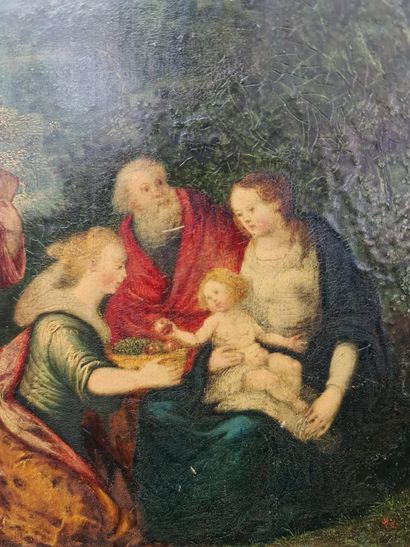 null 安特卫普学校XVII世纪的铜质油画《圣家族》。尺寸：18 X 23厘米。