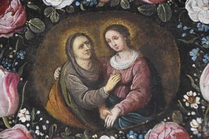 null 铜上油彩 第十七世纪，花环围绕着宗教场景。尺寸：16 x 13厘米。
