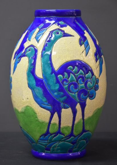 null Boch Kéramis vase with ostriches in enamel. Charles Catteau workshop. D 1506....