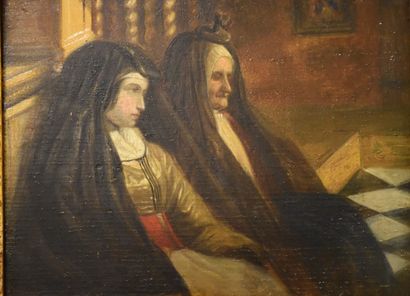 null The young nun and the mother superior. Oil on oak panel, late 19th century work...