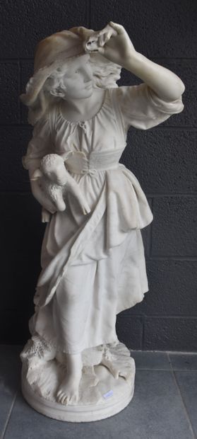 null Imposing romantic sculpture in Carrara marble representing an Italian shepherdess...