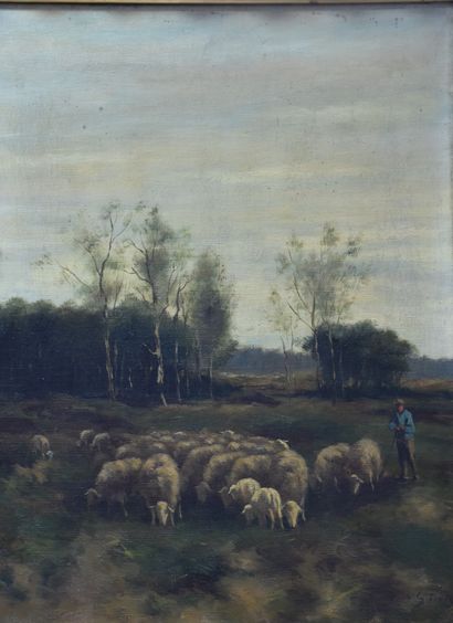 null Peinture romantique XIXème siècle signée. Le berger et son troupeau de moutons....