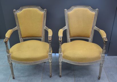  Paire de fauteuils de style Louis XVI, époque XIX ème. Belle patine grise ancie...