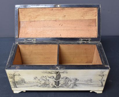 null 费迪南-波利亚尼（1832-1899）。约1860年的特殊盒子，全部用象牙贴面，刻有博物馆品质的装饰。这些神话灵感的装饰品是以丘比特为中心。五个侧面丰富了这个特殊的盒子。美丽的外观，然而盖子不在锁的轴线上：木质结构已经起作用了，需要做柜子的干预，使盖子在锁的轴线上，并且面是方形的。榫头在装配水平上有旧的胶合痕迹。象牙盘有一些裂缝，但状况非常好。右后方少了半只小胡子的脚。在空心的Pogliani米兰盖了两次章，装饰品上有签名。尺寸：高：12和21...