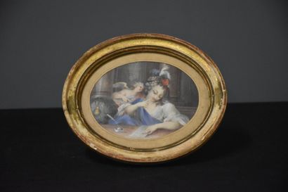 null Gouache miniature ovale à décor romantique, fin XVIII ème-vers 1800. Dimensions...