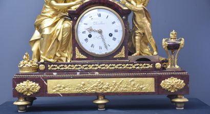 null 
Important Louis XVI period clock in gilt bronze and red griotte marble. "Dial...