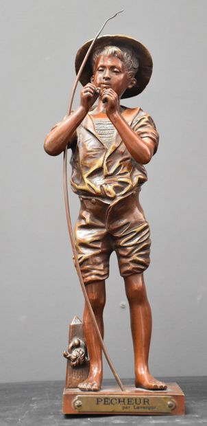 null Lavergne Adolphe-Jean (1868-1928). Le pécheur. Joli bronze à patine brune nuancée...