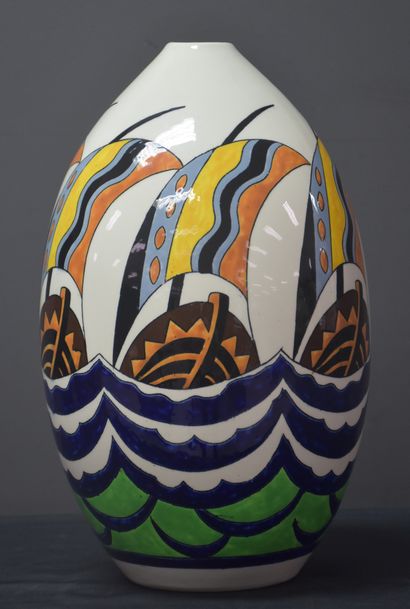 null Boch Kéramis vase, Catteau workshop, with stylized decoration of sailboats....