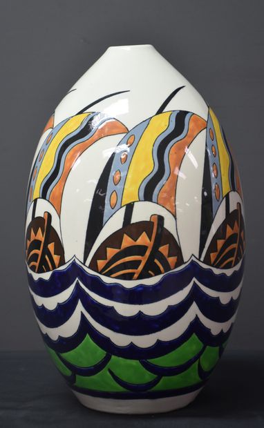 null Boch Kéramis vase, Catteau workshop, with stylized decoration of sailboats....