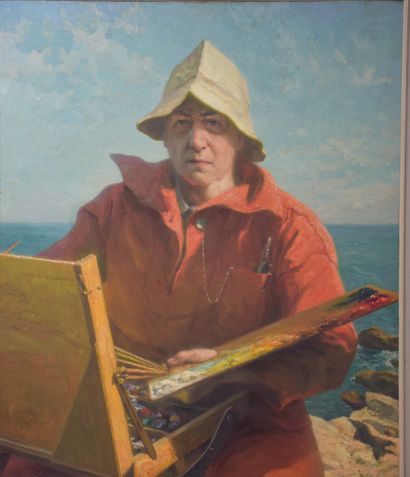 Oswald POREAU (1877-1955) 奥斯瓦尔德-波洛（1877-1955）。艺术家面向大海的自画像。背面有副署，位于莫尔比昂省的圣皮埃尔-基伯龙...