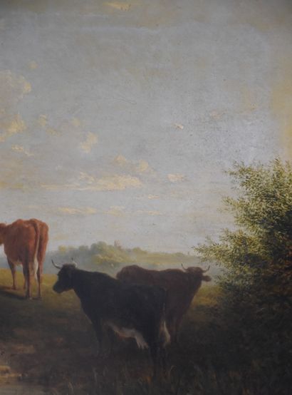 null Huile sur toile signée et datée 1892 représentant un troupeau de vaches dans...