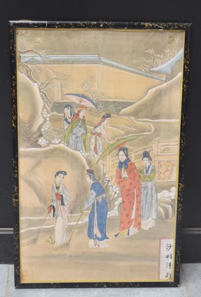 null Chinese painting on silk, circa 1900, decorated with elegant women with parasols....