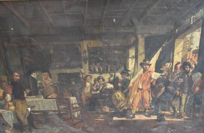null The entrance of the acrobats in the lively inn. Oil on canvas attributed to...