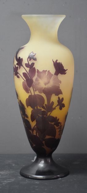 EMILE GALLE (1846-1904) 埃米尔-加莱（1846-1904）。多层玻璃的阳台花瓶，用酸蚀法装饰着花朵和蝴蝶。日文签名。高度：40厘米。