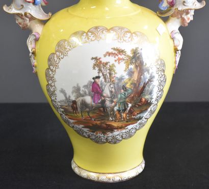 null German porcelain vase with yellow background and handles in the shape of helmeted...