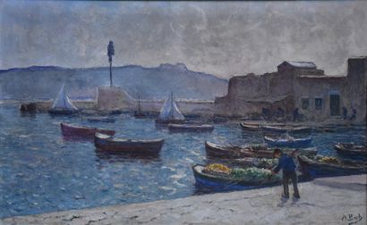 Anna BOCH (1848-1936) 安娜-博奇（1848-1936）。地中海港口，布面油画，右下角有签名。这幅画已经被泰雷兹-托马斯夫人看过并鉴定过了。一件非常类似但较小的作品出现在第288页，图574，由Thérèse...