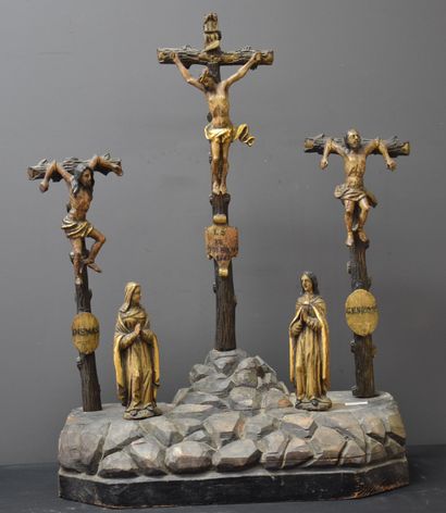 null Carved and polychromed wood Calvary. 17th century period. Later base. Crucifix...