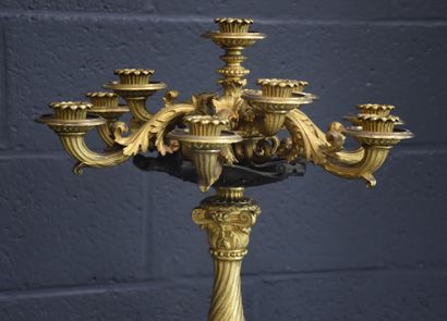 null Imposing historicist mantel set in gilded and patinated bronze circa 1840. The...