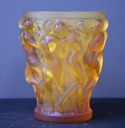 null Lalique France. Contemporary work, circa 2007. Amber vase with Bacchae. Numbered...