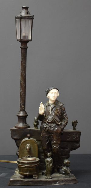 null The junk dealer. Rare and funny chryselephantine sculpture making a lamp. A...