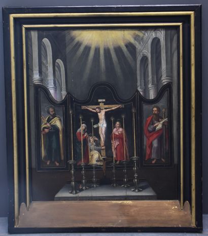 null 
Flemish school XVIIth century on oak panel representing a triptych with a calvary...