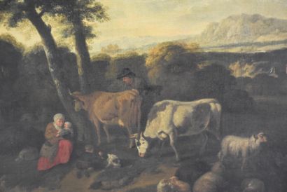 null Flemish school XVIIth century. The shepherd family and his flock in the mountains....