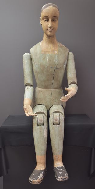 null 铰接式真人大小的木制游行雕像。原产地多色性。19世纪作品。身高：175厘米，考虑到成员的整体性。