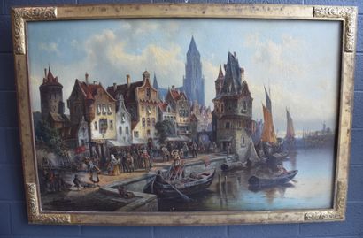 表现繁忙的佛兰德/荷兰城市码头（安特卫普）的重要布面油画。承载着一个标志性的L。范豪。尺寸：156...