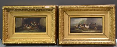 null Pair of paintings on mahogany panels, farmyard scenes. Beautiful original gilt...